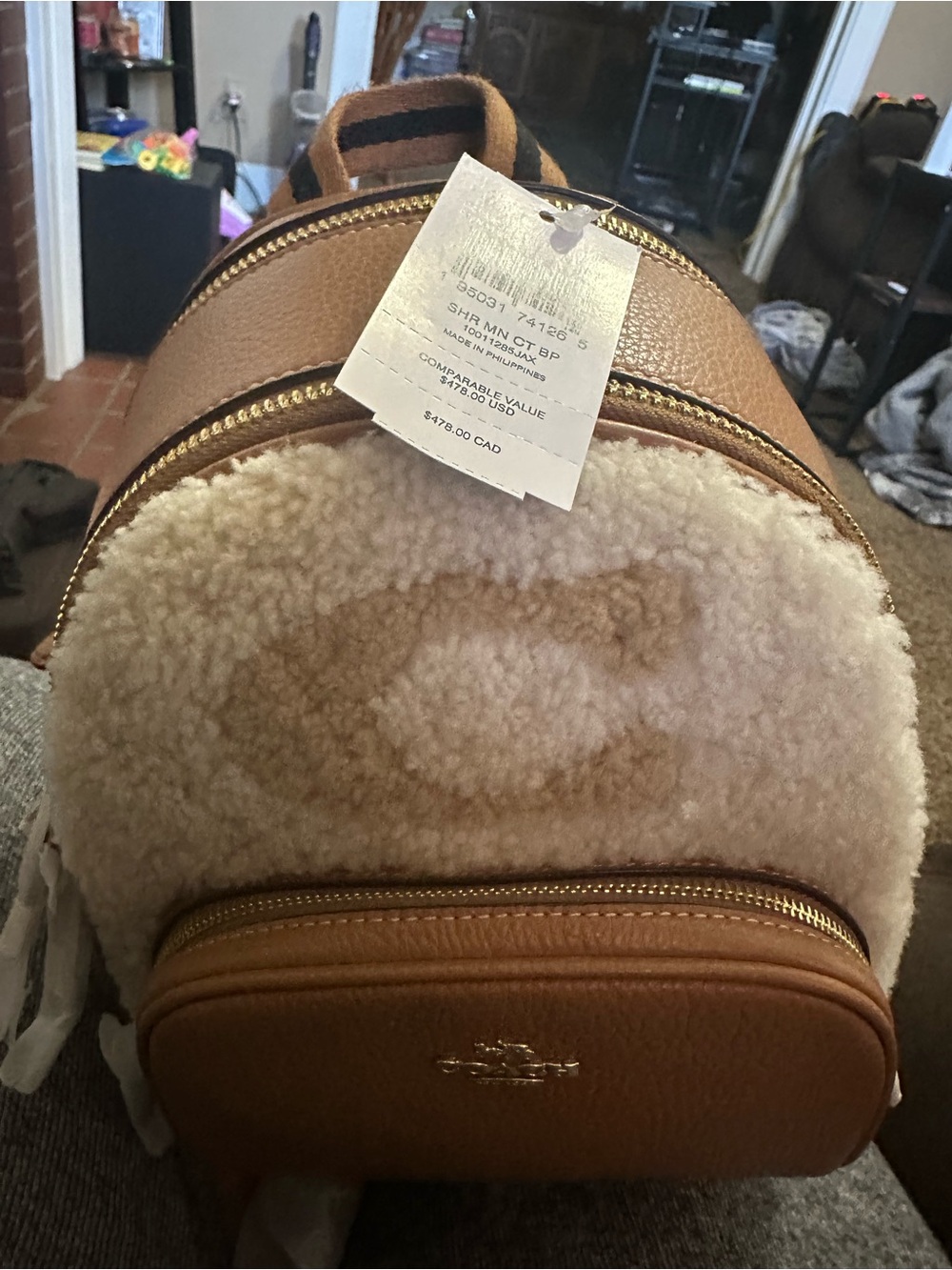 Coach Cream Shearling & Tan Leather Mini Backpack - Picture 3 of 9